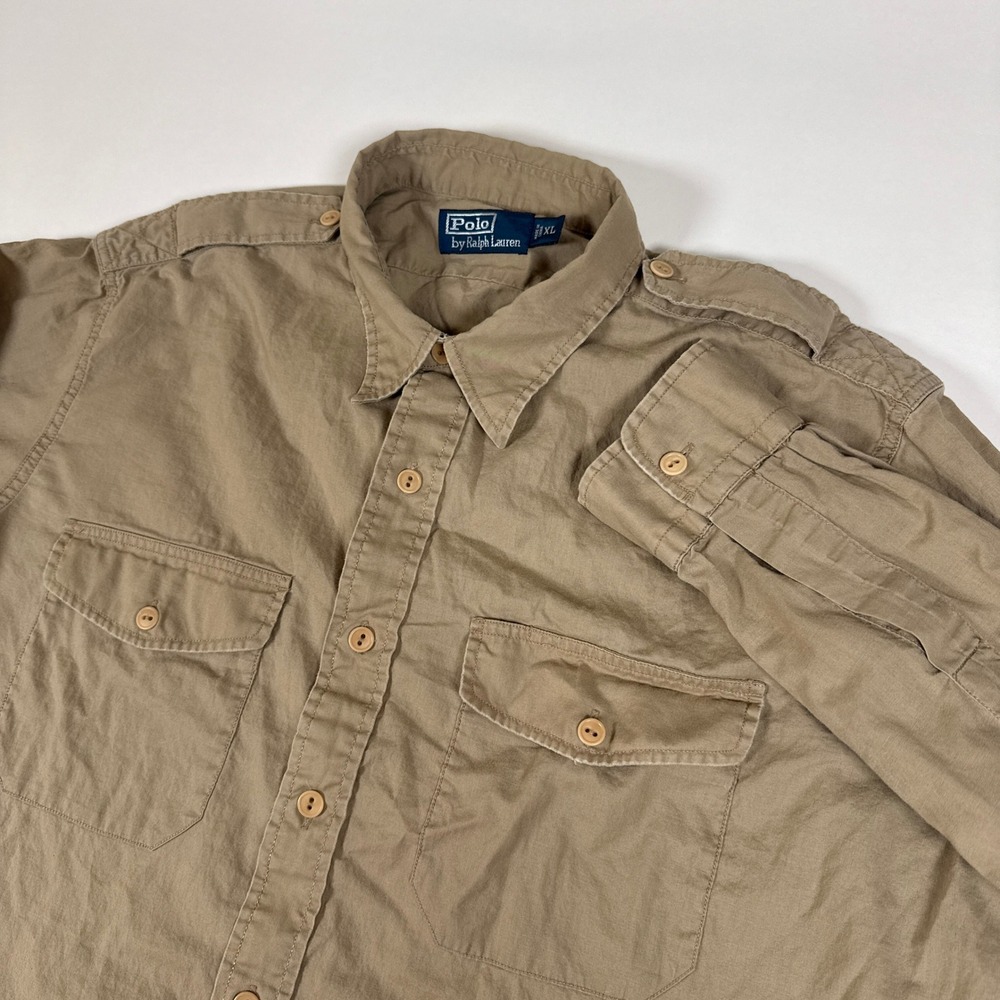 Polo Ralph Lauren Military Shirt Mens XL Tan Stencil Epaulets Safari RL21 Kauai